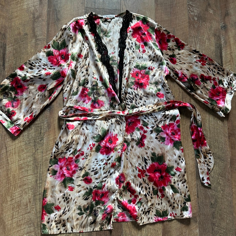 Women's Linea Donatella M Floral Leopard Print Robe Beige Pink